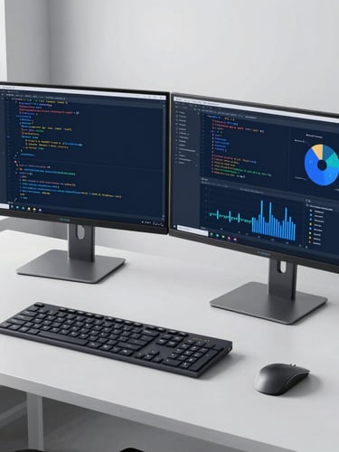 A clean modern workspace with dual monitors showing code and analytics, cool crisp office daylight, high-contrast slate and electric blue tones, sharp focus.
