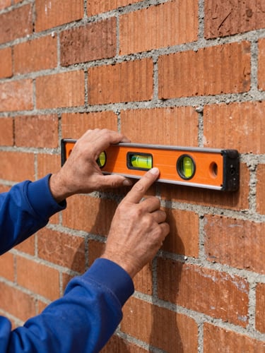 Close-up of a builder's hands holding a spirit level on a perfectly aligned brick wall, bright daylight, realistic construction site, 35mm