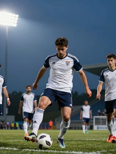 Low-angle action shot of corporate football players in matching professional kits, dramatic evening floodlights, sharp freeze-frame of ball control, 70-200mm lens