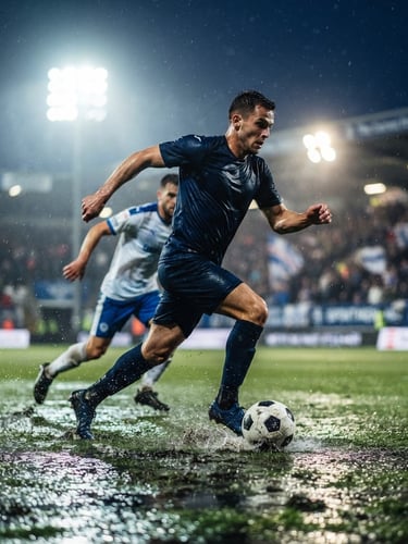 Low-angle dynamic action shot of corporate players in premium matching kits, dramatic evening stadium floodlights reflecting off the wet turf, high-contrast athletic tones, 70-200mm lens.
