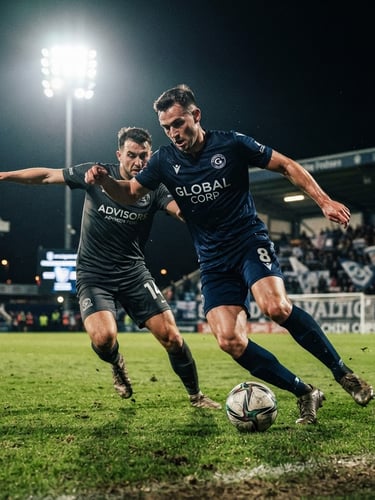 Dynamic low-angle action shot of corporate football players competing under intense evening floodlights, sharp focus on ball control, dark athletic tones.