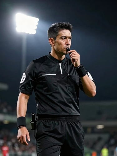 A professional football referee in a black kit holding a whistle, dramatic side lighting, high-contrast dark background, sharp focus.