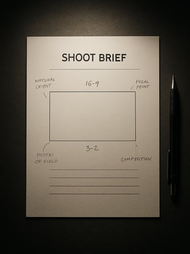 Tight overhead shot of a shoot brief document laid flat on a dark surface, annotated with handwritten margin notes and channel dimension callouts, a mechanical pencil resting beside it, single focused studio light from above