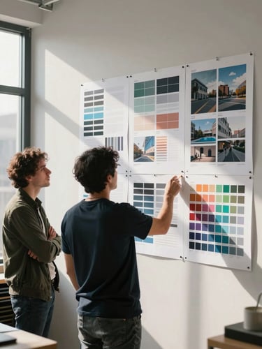 Wide environmental shot, left-to-right: art director and client reviewing large printed brand system layouts pinned to a studio wall, natural window light from the left casting soft shadows across the prints, medium shot showing the work in context with the people in conversation — design system sheets, color swatches, and photography grids all visible on the wall