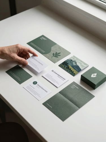 Wide environmental shot — a brand identity system laid out across a large white work table: business card, packaging, and folded collateral arranged in a flat lay under even natural daylight from a studio skylight, a hand entering from the left adjusting one card's position