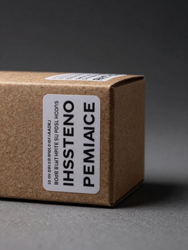 Tight detail shot — a product placed on a matte surface under controlled studio strobe lighting, the packaging label sharply in focus with soft shadow falloff to the right, shot from a low angle that reveals texture and material depth; no background clutter