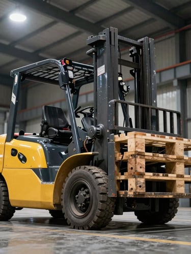 Low-angle shot of a yellow combustion forklift lifting heavy pallets inside a high-contrast industrial warehouse, harsh overhead lights reflecting on the metal, realistic mechanical details.