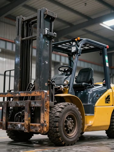 Low-angle shot of a heavy-duty yellow combustion forklift lifting cargo in a high-contrast industrial warehouse, harsh overhead lighting highlighting mechanical grease and steel.