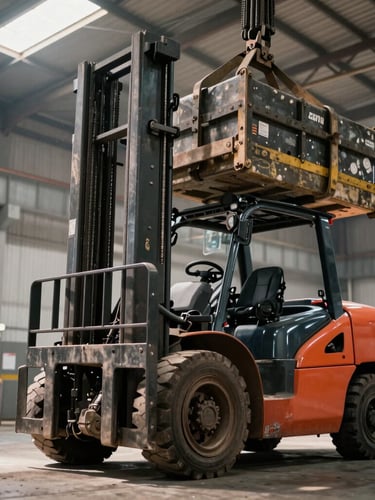 Low-angle dramatic shot of a heavy combustion forklift lifting a heavy load in a Cancún warehouse, harsh industrial lighting, dust particles visible in light beams.