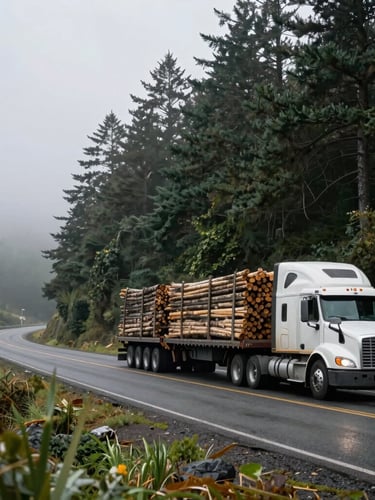 A flatbed semi-truck hauling industrial timber along a winding coastal highway in Oregon, misty pine trees in the background, overcast moody daylight.
