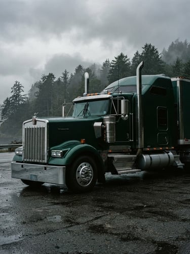 Low-angle heroic shot of a clean dark green semi-truck parked on wet coastal asphalt, misty pine forest background, moody overcast daylight, 35mm lens