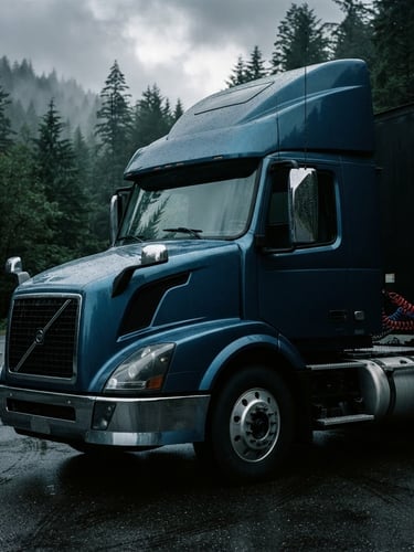 Portrait-oriented close-up of a clean, branded semi-truck cab parked on wet asphalt, moody overcast daylight, deep forest greens and misty pine trees in the background, 35mm lens