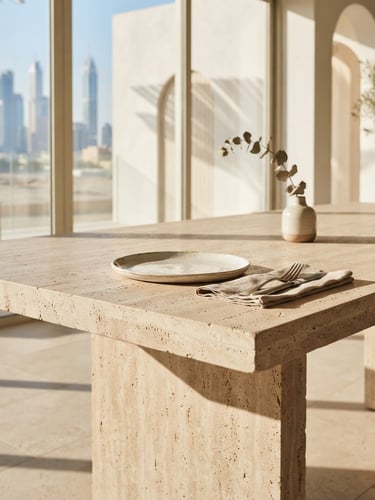 Editorial architectural crop of a minimalist travertine dining table in a sun-drenched Dubai villa, soft afternoon shadows, warm neutral tones, medium format
