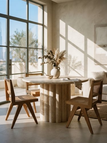 An architectural travertine pedestal table in a sun-drenched Dubai villa, soft afternoon shadows casting elegant lines, medium format editorial photography.