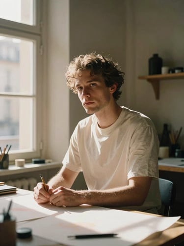 Cinematic portrait of a creative artisan in a sunlit Parisian studio, dramatic side lighting casting deep shadows, warm cream tones, 35mm anamorphic lens framing