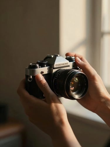 Cinematic close-up of hands adjusting a vintage film camera, warm golden hour light, high-contrast shadows, 35mm film aesthetic