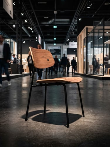 Primer plano de una silla de diseño moderno de metal y madera, con líneas limpias, iluminación dramática de exposición, en un pabellón ferial activo. Fotografía arquitectónica, alto contraste.