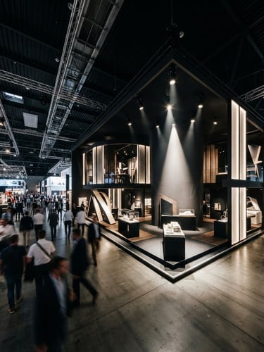 Wide panoramic view of a modern, high-contrast exhibition stand in a busy trade fair hall, dramatic spotlighting on structural details, clean lines, wide-angle lens, off-center subject to the right.