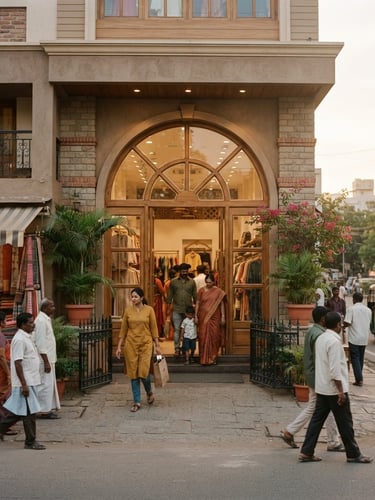 Wide shot of the Mega's Fashion storefront in Saravanampatti, Coimbatore, during golden hour, warm natural daylight, soft shadows, unposed people entering and exiting, muted earth tones, 35mm film aesthetic.
