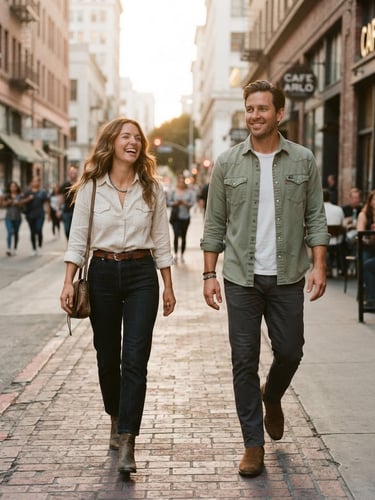 Real people in natural, unposed movements wearing a stylish, breathable Western wear capsule outfit in an urban environment at golden hour, soft shadows, medium-long shot, 35mm film aesthetic