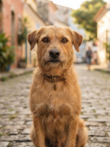 Authentic portrait of a gentle mixed-breed dog looking directly at the camera on a quiet Brazilian street, warm afternoon daylight, shallow depth of field, hopeful look