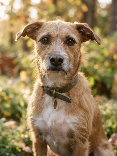 Warm editorial portrait of an anxious but beautiful mixed-breed dog looking directly into the camera, natural outdoor daylight, soft background, sharp focus, shallow depth of field