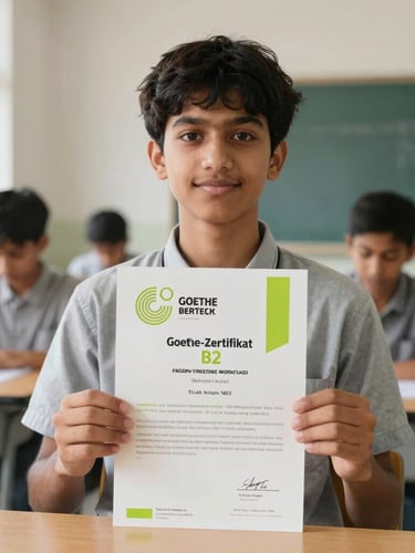 Straight-on shot of a student holding an official Goethe-Zertifikat B2 certificate inside a bright Tilak Nagar classroom, clean daylight, neutral background