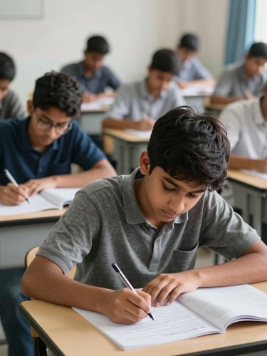 Straight-on medium shot of a structured German language classroom in Delhi, students writing mock exams on paper, clean daylight, sharp focus on study materials.
