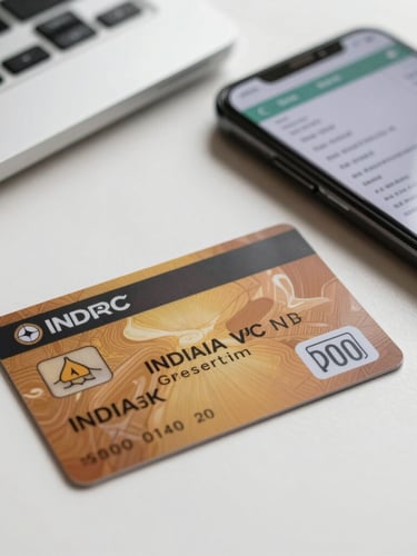 Close-up of a high-quality printed Indian PVC card and a smartphone displaying a digital payment receipt, bright daylight-balanced lighting, modern workspace background.