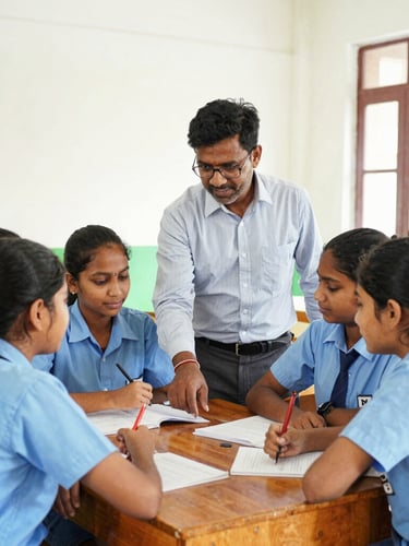 A bright, natural daylight medium shot of local high school students in Andhra Pradesh actively collaborating around a wooden desk, a mentor guiding them, warm editorial photography, 35mm
