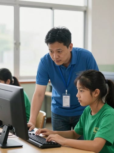 A local mentor guiding a student on a computer in a bright classroom setting, natural window light, authentic community focus, 35mm