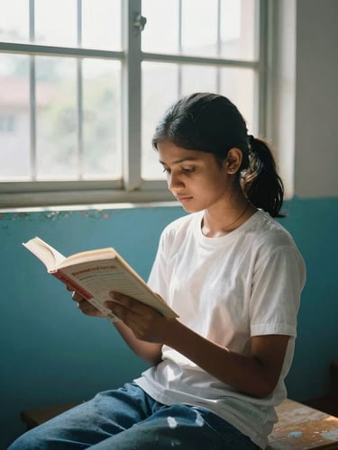 A local student in Andhra Pradesh reading a book by bright natural window light, warm editorial photography, 35mm