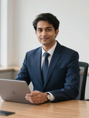 Professional financial advisor in a clean Delhi corporate boardroom, bright natural daylight, crisp navy blue and warm tones, sharp focus, professional editorial style.