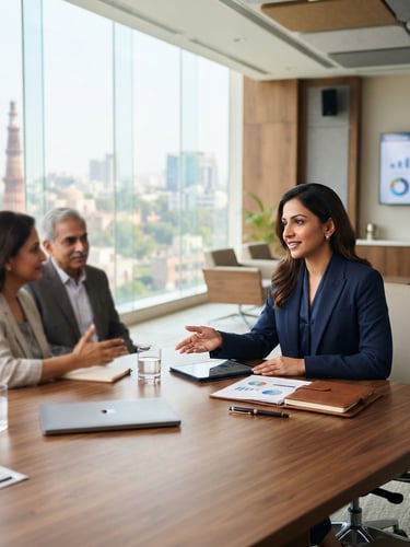 A professional financial advisor in a bright, modern corporate boardroom in Delhi, natural daylight, sharp focus, editorial style
