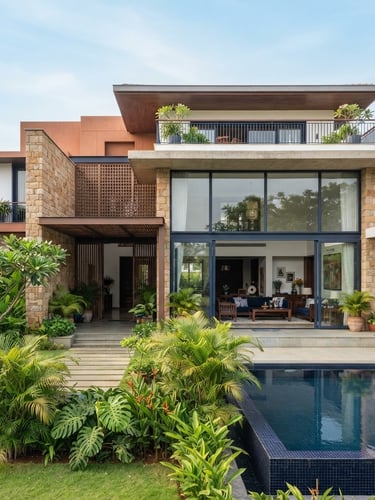 Medium-wide environmental shot of a modern, luxury Indian residential villa with clean architectural lines, bright natural daylight, sharp focus, professional editorial style.