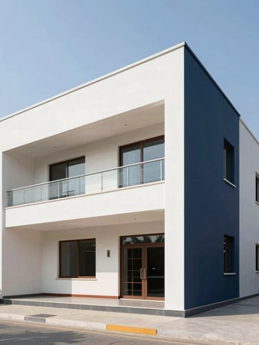 Modern Indian architectural home with clean lines, bright daylight, premium corporate photography style
