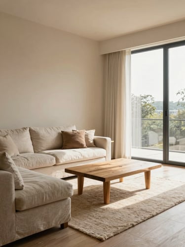 Wide environmental shot of a complete living room interior, warm north-facing daylight flooding through tall windows to the right, a linen sofa anchoring the left foreground, a low oak coffee table set in clear spatial relationship to the sofa, a textured wool rug visible beneath both, walls in soft warm plaster tone, no people, clear sightlines showing furniture scale and floor plan