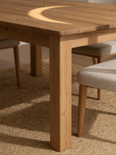 Close-up portrait framing of a dining table corner in warm daylight — a turned oak table leg in sharp focus, a linen chair seat edge visible at frame right, the woven rug texture beneath, soft shadow from a pendant casting a crescent across the table surface, honest material detail with no styling clutter