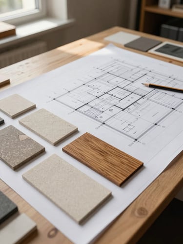 Close editorial shot of a designer's work table in a London studio, large-format floor plans spread flat under even overhead light, material swatches of linen, oak veneer, and stone laid in a composed grouping beside the drawings, a pencil resting at the edge of the plan, warm daylight from a north-facing window casting soft shadows, no people visible, emphasis on the spatial documents and material samples as evidence of real spatial decision-making