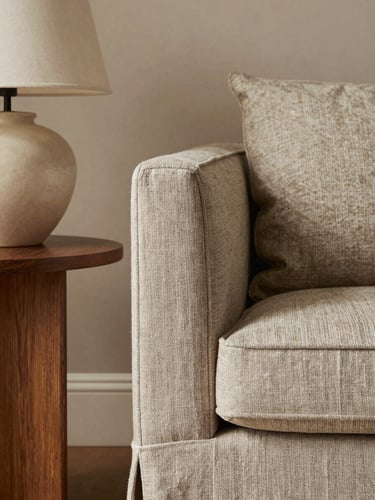 Close-up editorial detail of a corner in a designed living room, a textured linen armchair beside a slim side table with a ceramic lamp, warm even daylight revealing fabric weave and wood grain, shallow depth showing wall colour and skirting behind, honest material clarity, no people