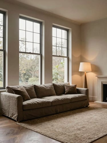 Wide environmental shot of a complete living room interior, full-height left-bleed composition, warm north-facing daylight flooding through tall sash windows onto a deep linen sofa, a hand-knotted wool rug anchoring the seating group, a sculptural floor lamp to the right casting a secondary warm pool, textured plaster walls, clear spatial flow showing how each piece relates to the others, no clutter, honest material detail