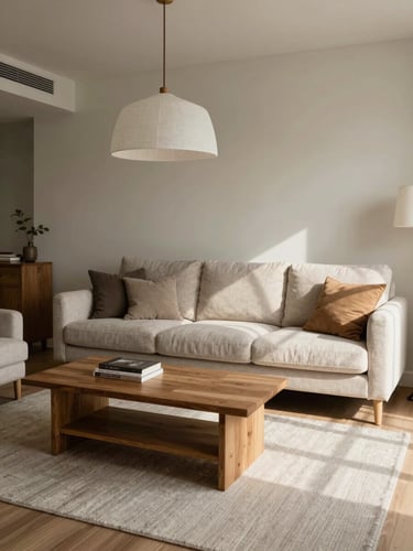 Full interior establishing shot of a composed living room, wide-angle environmental frame showing sofa, coffee table, rug, and pendant lamp in clear spatial relationship, honest north-facing daylight filling the room, soft shadows defining the furniture edges, linen and oak textures readable — no people, no clutter, every piece visible in context