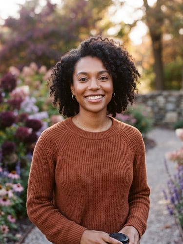 Warm editorial portrait of a young adult in Indiana looking forward with a confident smile, natural daylight, rich plum tones, shallow depth of field