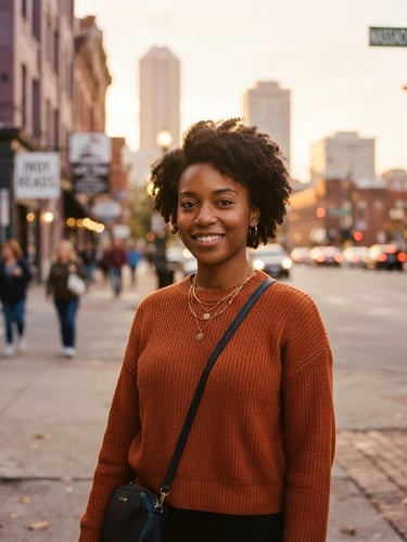 Warm editorial portrait of a young adult standing confidently on an Indianapolis street corner at golden hour, shallow depth of field, rich tones.
