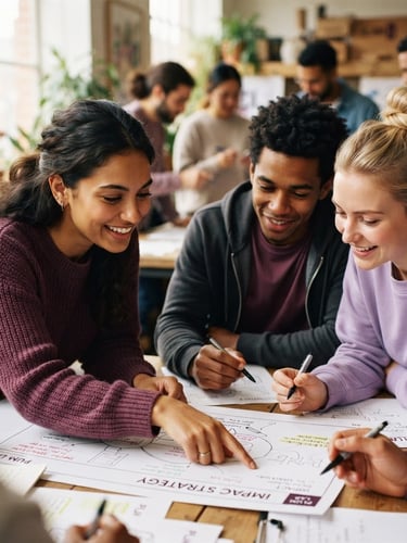 Dynamic close-up of young adults in a collaborative workshop, warm natural daylight, rich plum accents, focused expressions, shallow depth of field