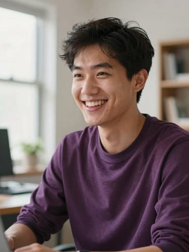Young adult smiling warmly in a bright, naturally lit Indiana workspace, candid expression, shallow depth of field, warm plum accents