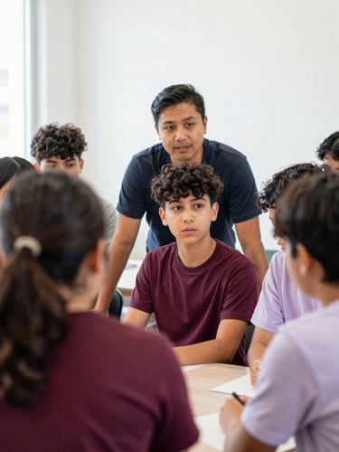A local community mentor guiding a young adult through a collaborative workshop, natural daylight, soft focus, authentic emotion