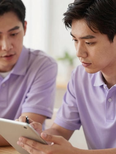 Close-up portrait of a mentor and a young adult reviewing goals together in a warm, naturally lit room, candid and focused, soft lavender tones, shallow depth of field