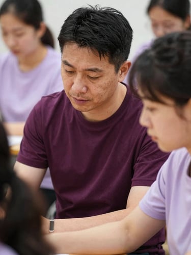 Candid close-up of a mentor guiding a participant through a workshop, warm natural daylight, high contrast, focused expressions.