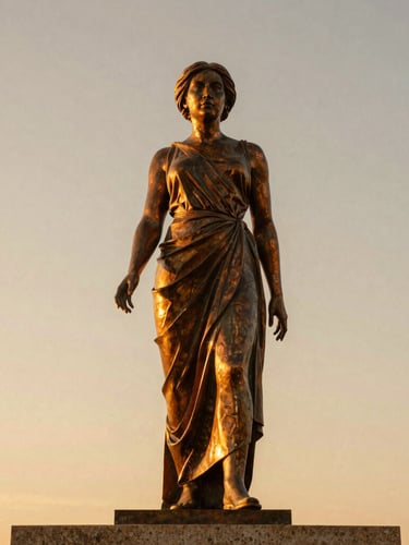 Low-angle warm editorial photograph of the Eliza Tibbets bronze monument in Riverside against a soft golden-hour sky, rich terracotta tones, 35mm film texture.